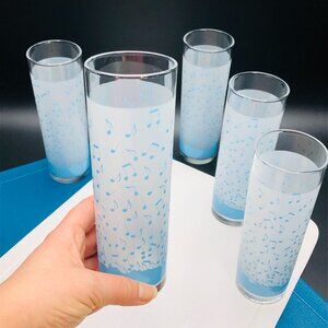 Vintage 90s Libbey Albert Elovitz Frosted Blue Music Notes Tom Collins SET of 5